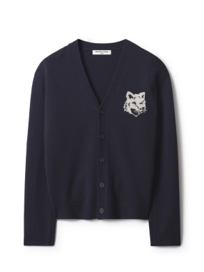 Fox head intarsia merino cardigan navy lt grey gy 