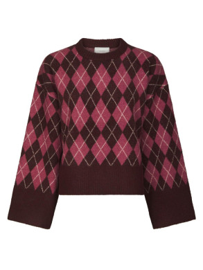 Kick check knit blouse wine 