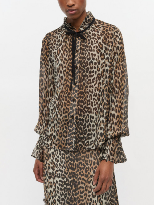 Chiffon tie string shirt leopard 