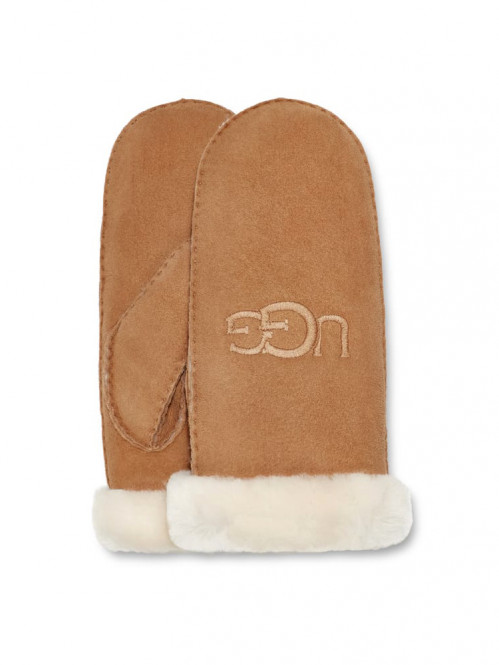 Sheepskin embroider mitten gloves chestnut 