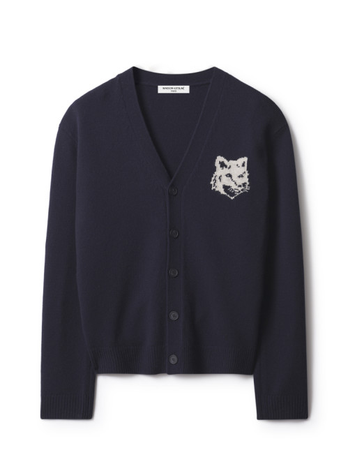 Fox head intarsia merino cardigan navy lt grey gy 
