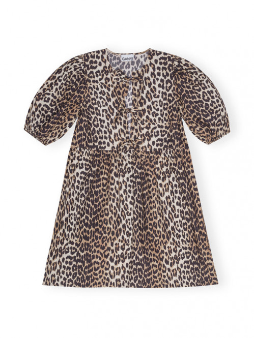 Printed cotton tie mini dress leopard 