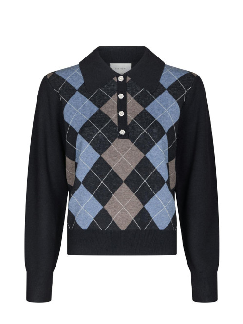 Julina check knit blouse navy 