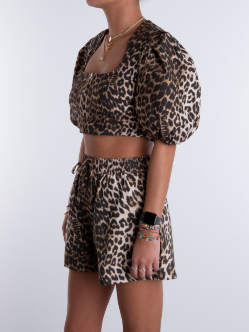 Printed cotton cropped zipper blouse big leo 