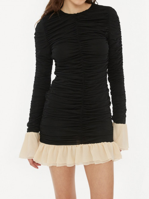 Mini ruched ls dress black comb M
