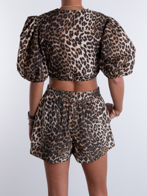 Printed cotton cropped zipper blouse big leo 