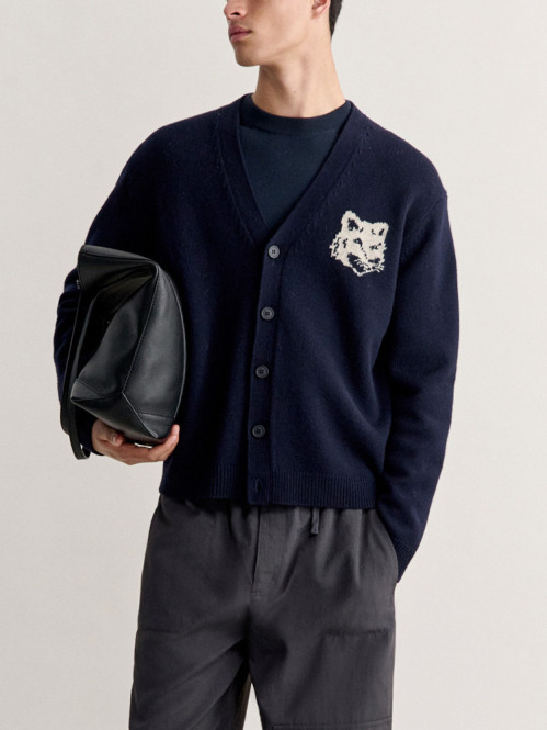 Fox head intarsia merino cardigan navy lt grey gy 