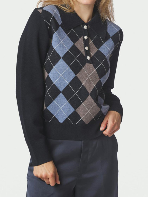Julina check knit blouse navy 