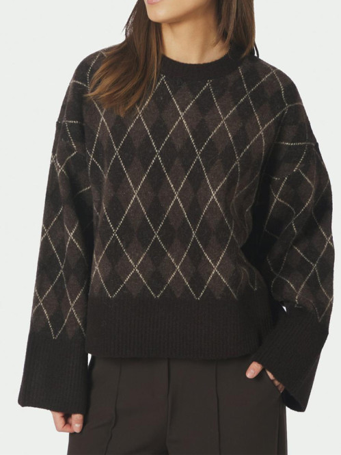 Kick check knit blouse dark brown 