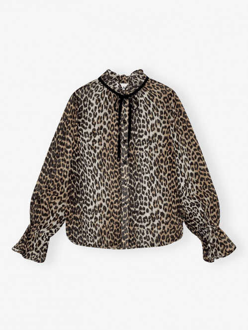 Chiffon tie string shirt leopard 