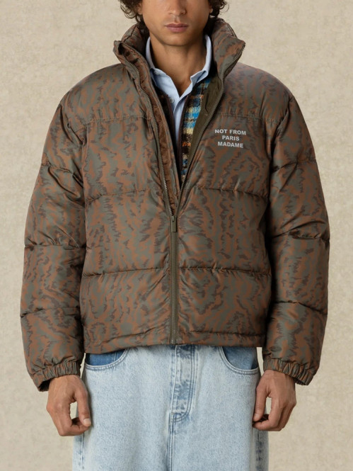Slogan moiré puffer jacket khaki 