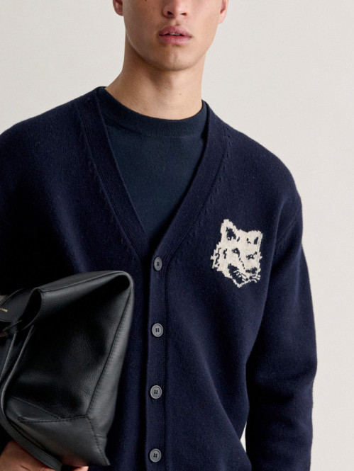 Fox head intarsia merino cardigan navy lt grey gy 