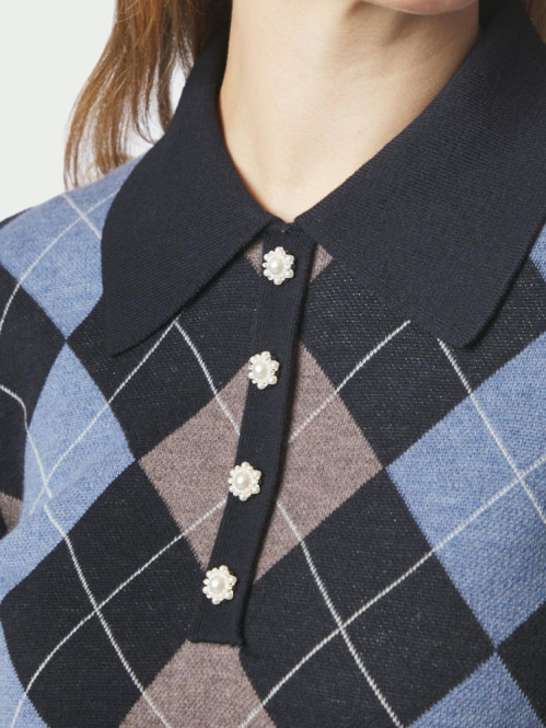 Julina check knit blouse navy 