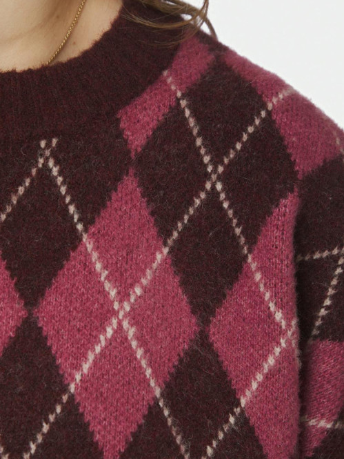 Kick check knit blouse wine 