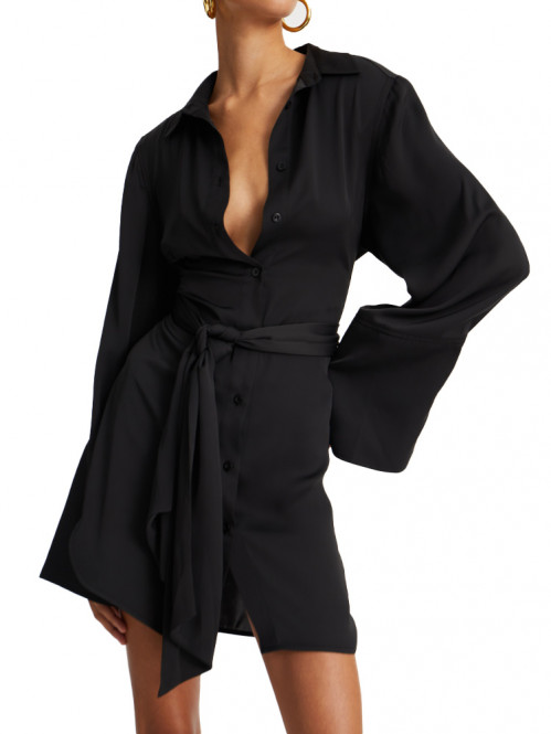 Satin tie shirt dress black 